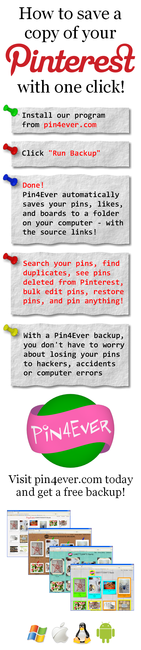 Are your pins protected? Pin4Ever has saved, edited or uploaded 476,662,903 pins since September 2012. Go to pin4ever.com and try it free!