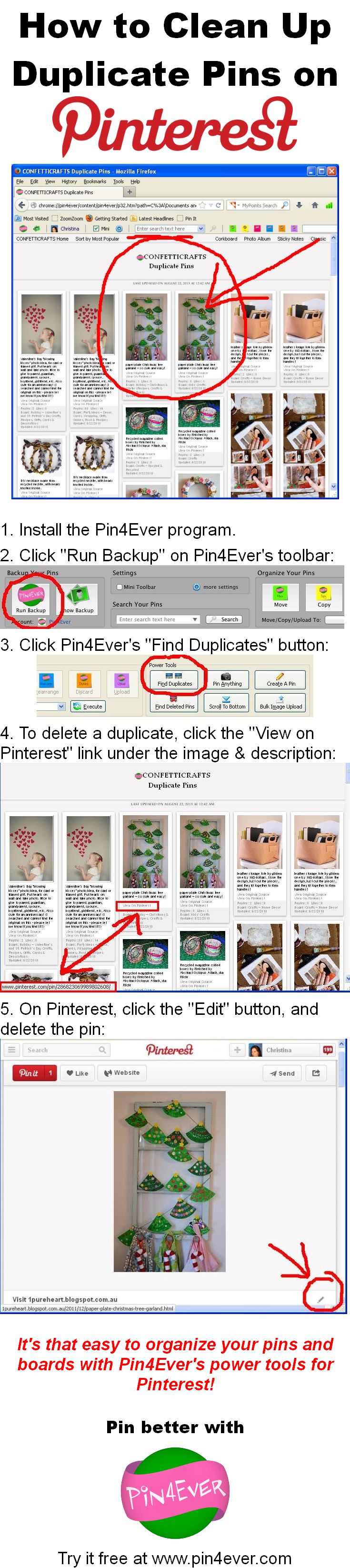 How to Clean Up Duplicate Pins on Pinterest, using Pin4Ever's "Find Duplicates" feature! Organize your boards the fast and easy way with our Pinterest power tools. Try them free for a week at www.pin4ever.com